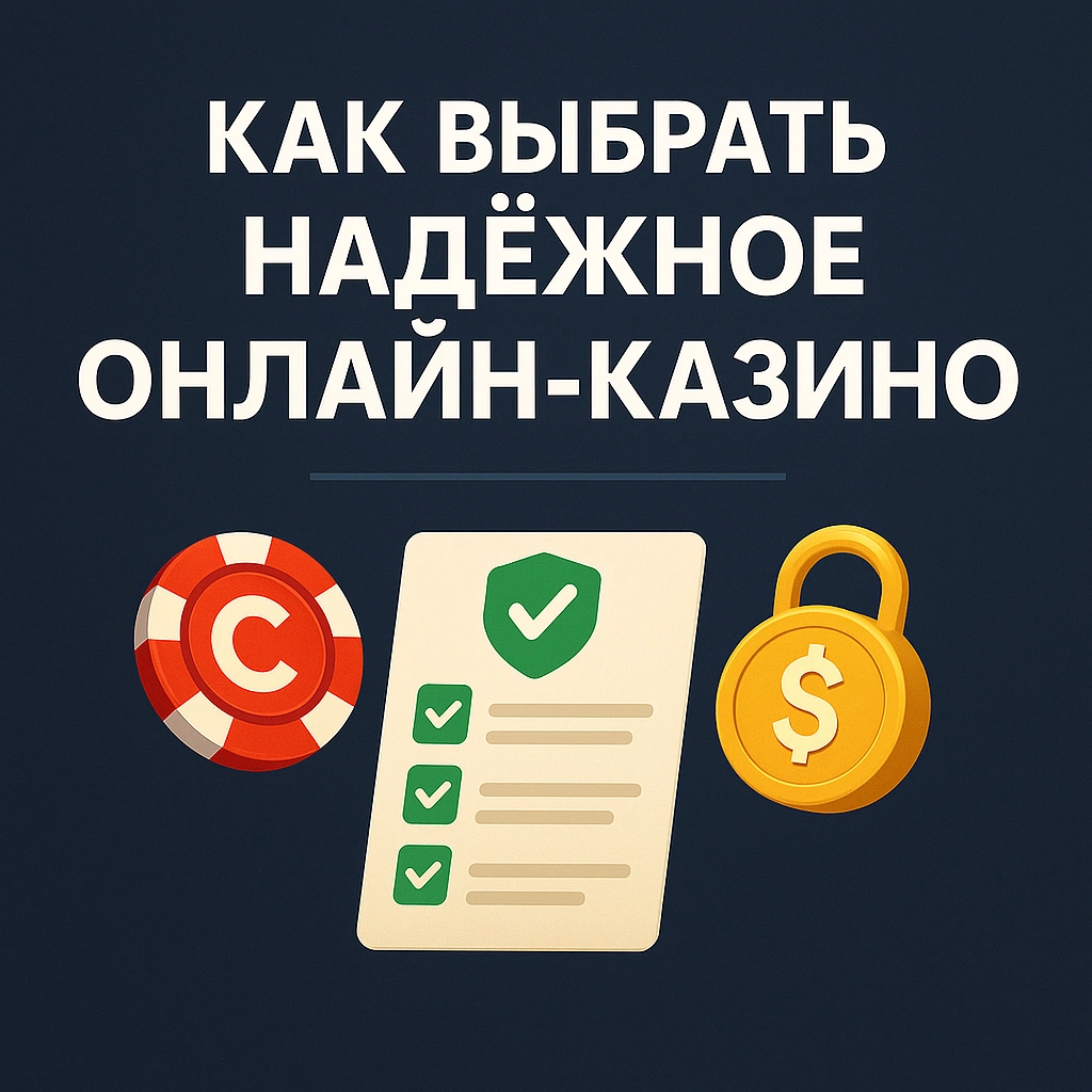 Иконки фишки казино, чек-листа и замка на фоне текста Как выбрать надёжное онлайн-казино