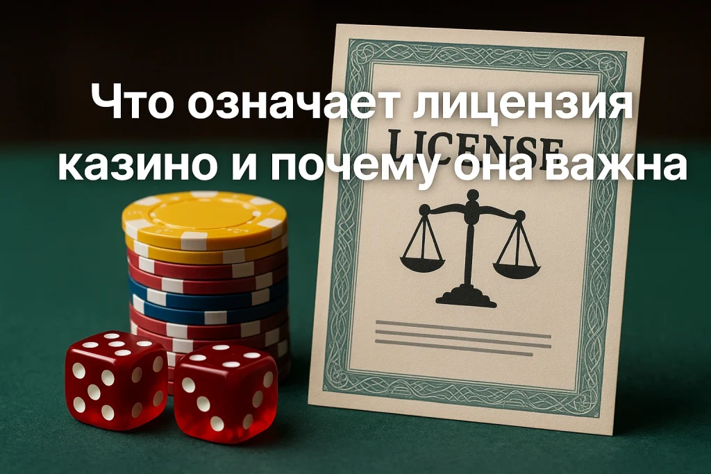 Казино лицензия с весами правосудия, рядом фишки и кости на зелёном столе — символ честной игры и легального гемблинга.