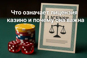 Казино лицензия с весами правосудия, рядом фишки и кости на зелёном столе — символ честной игры и легального гемблинга.