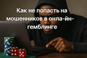 Мужчина в худи внимательно смотрит на ноутбук, рядом фишки и кости — символ осторожности при игре в онлайн-гемблинг и защите от мошенников.