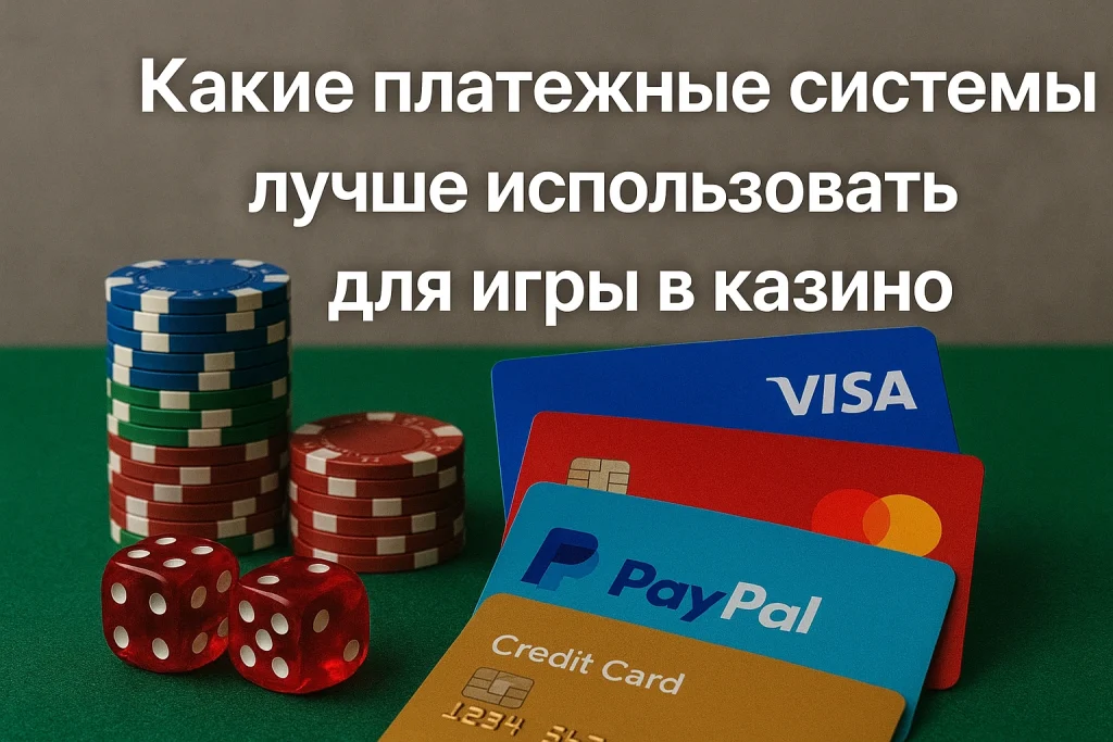 Банковские карты Visa, Mastercard, PayPal и кредитка на фоне фишек и игральных костей — символ удобных платёжных систем для онлайн-казино.