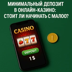 Смартфон с экраном онлайн-казино и кнопкой депозита на $1 рядом с золотой монетой — визуализация минимального депозита для начала игры.