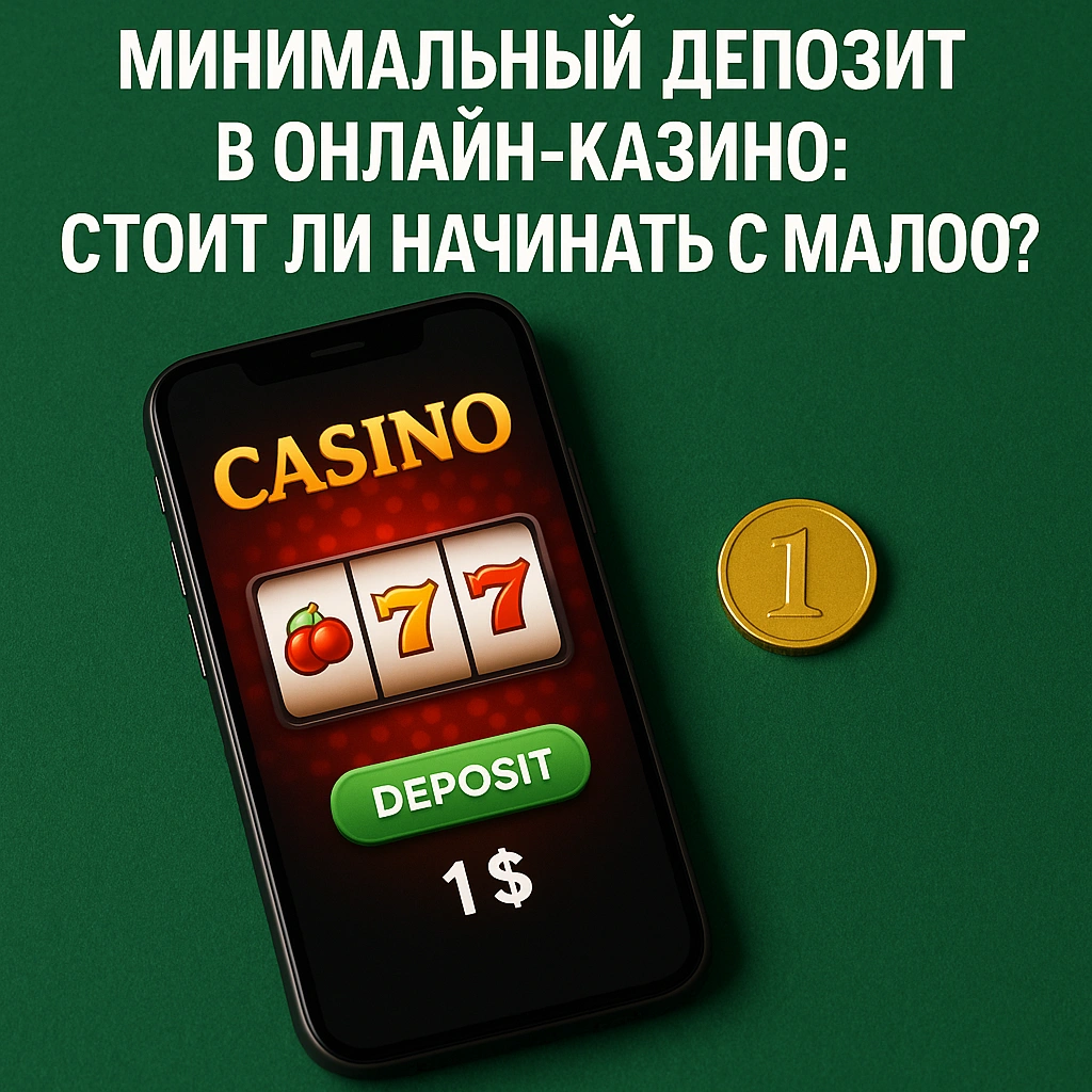 Смартфон с экраном онлайн-казино и кнопкой депозита на $1 рядом с золотой монетой — визуализация минимального депозита для начала игры.