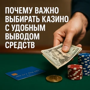 Мужская рука берёт доллары со стола с банковской картой и фишками — символ удобного и быстрого вывода средств из казино.