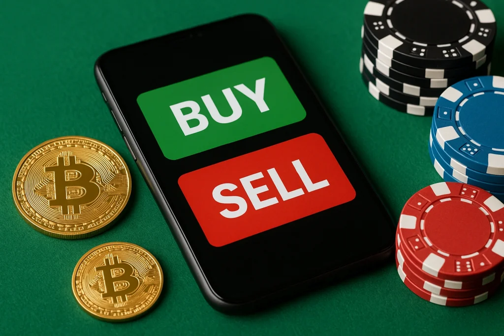 Смартфон с кнопками BUY и SELL на фоне фишек и биткоинов — визуальное отражение плюсов и минусов депозитов в криптовалюте в казино.